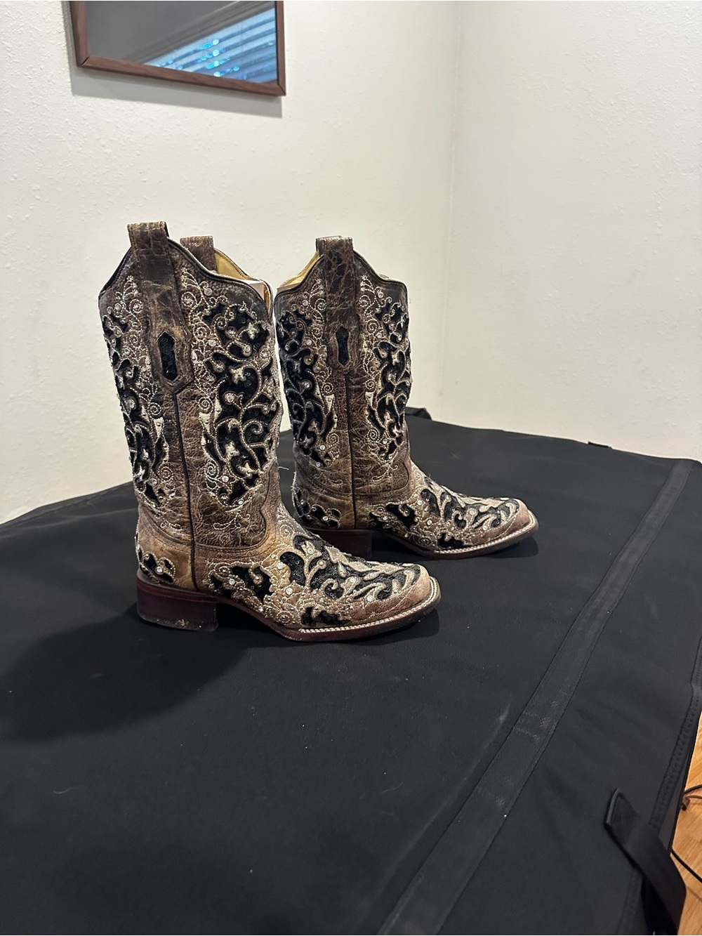 Women's Brown Embroidered Western Booties with Black Accents